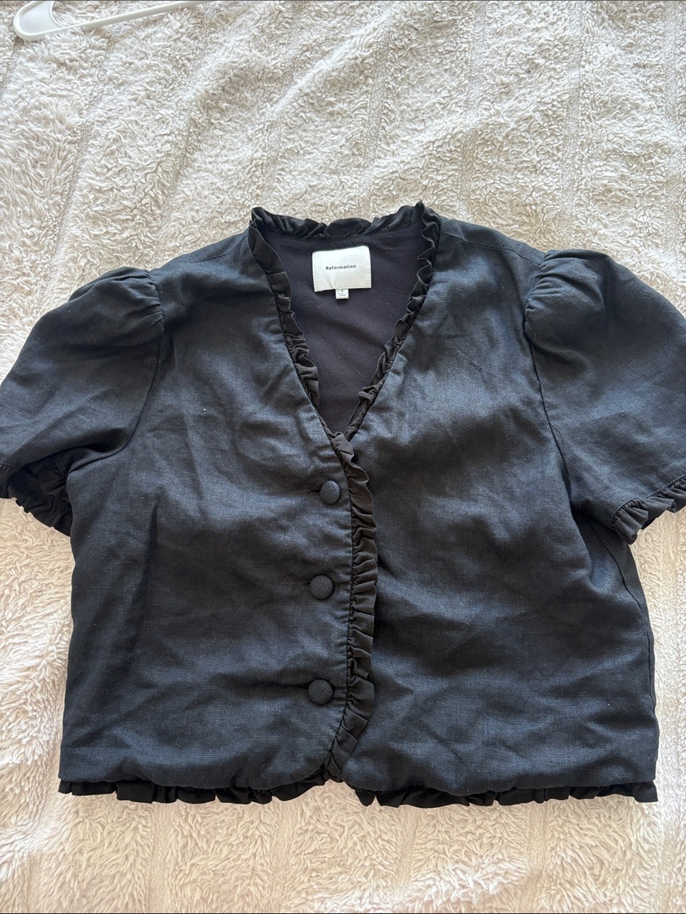 Reformation Black Ruffle-Trim Top linen
